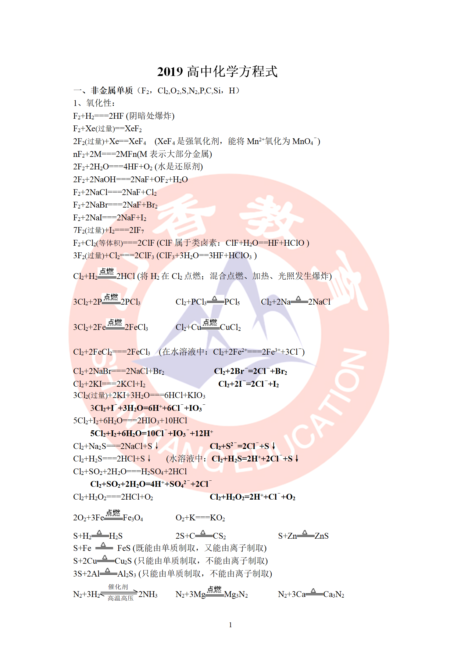高中化学教师资格证考试：2019高中化学方程式汇总(收藏版)